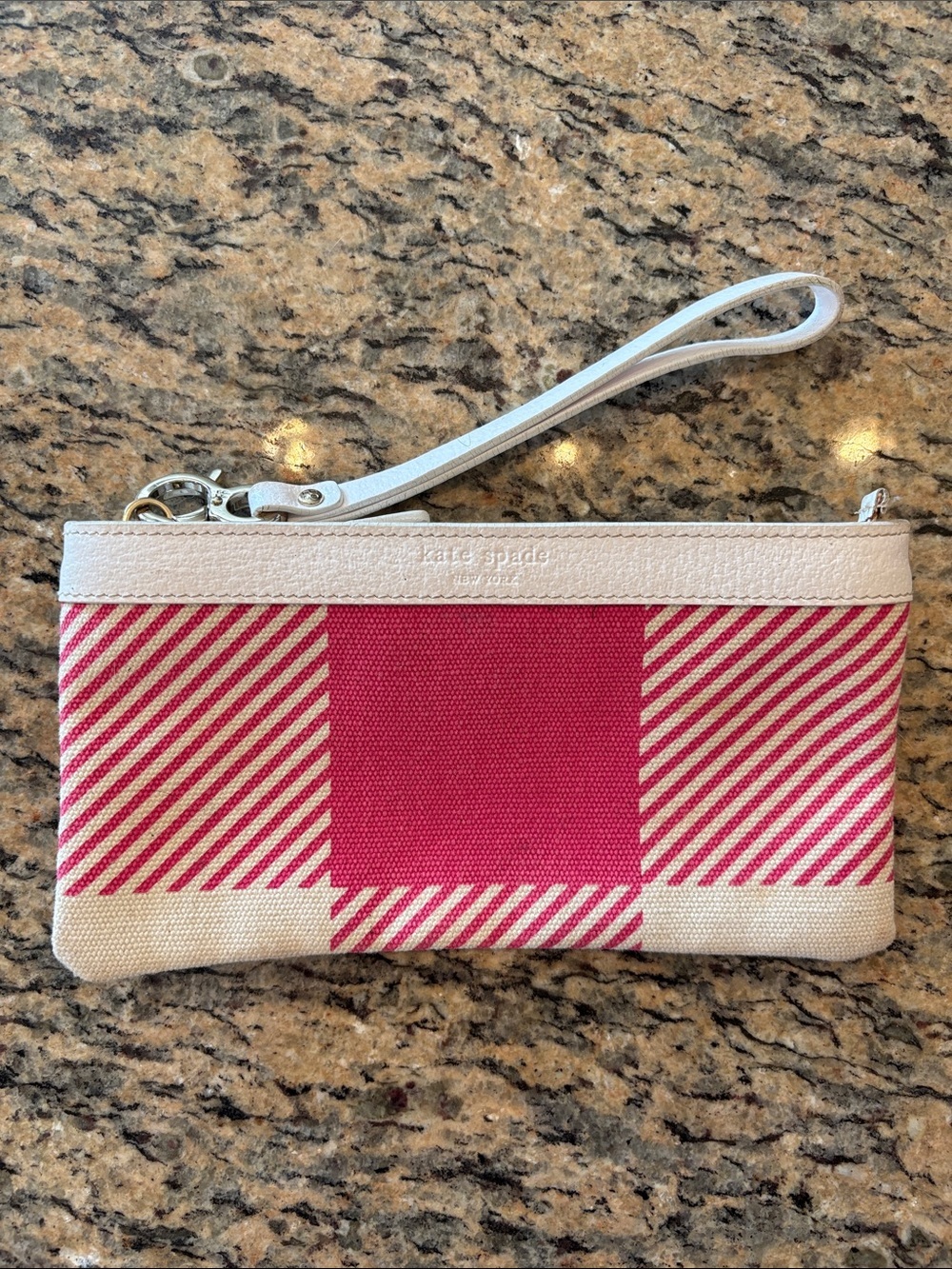 kate spade Pink Plaid Canvas Wristlet Pouch Clutch White Leather Trim